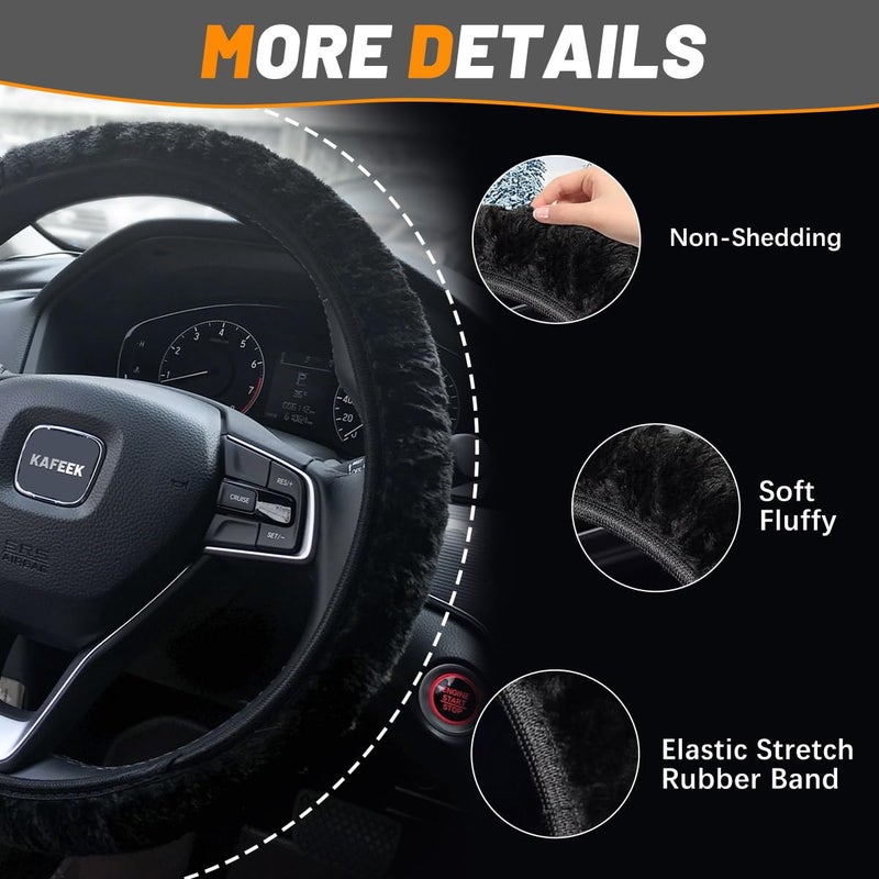 KAFEEK Elastic Long Microfiber Plush Steering Wheel Cover for Winter Warm, Universal 15 inch, Anti-Slip, Odorless, Black - Image 5